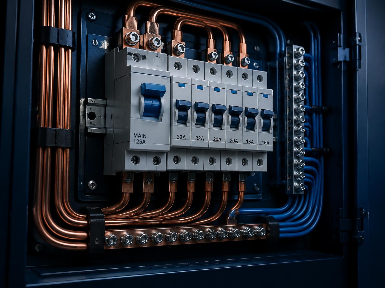 Modern electrical service panel with neatly organized copper wiring